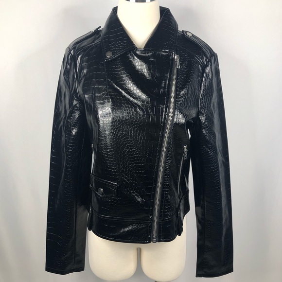 TOPSHOP Black Croc Faux Leather Moto Jacket - Picture 5 of 8